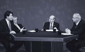 Christopher Thornberg, Rick Pratt, Scott P. Plotkin, Frank Pugh at CSBA's 2010 Forecast Webcast. Janelle Kubinec out of frame. 
