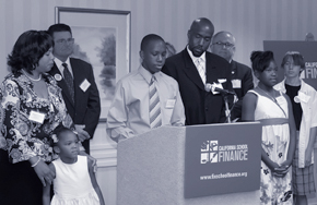 Folsom Cordova USD student Nigel Robinson and his family, along with CSBA President Frank Pugh, announce school funding lawsuit.